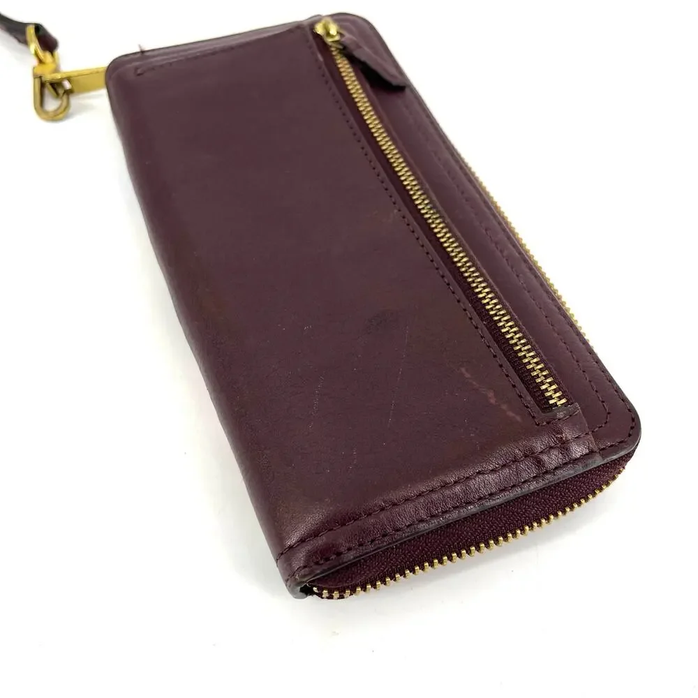 Fossil Logan Purple Multi-Color Striped Zip Around Leather Wallet Wrist Strap‎